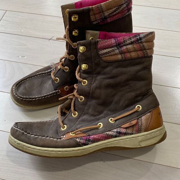 Sperry Women's Hikerfish Plaid Lace-up Leather Boots Brown & Pink Size 8M - Picture 2 of 4